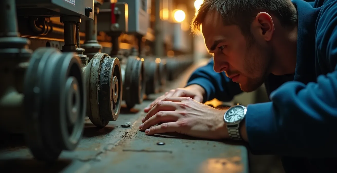 Artistic arrangement of HVAC components showing progression from clean to deteriorated state