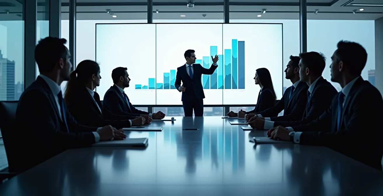 Executive team presenting portfolio metrics to investors in modern boardroom