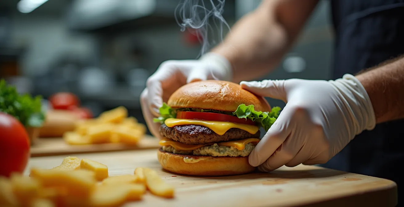 Extreme close-up of hands efficiently working at an optimized prep station with ingredients arranged for minimal movement