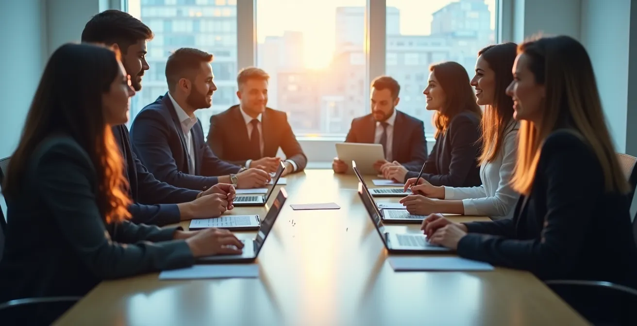 Team of supervisors reviewing quality scores on shared screen during calibration session