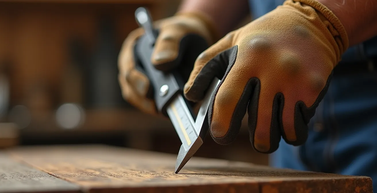 Close-up macro shot of professional work gloves holding precision measuring tools on construction surface