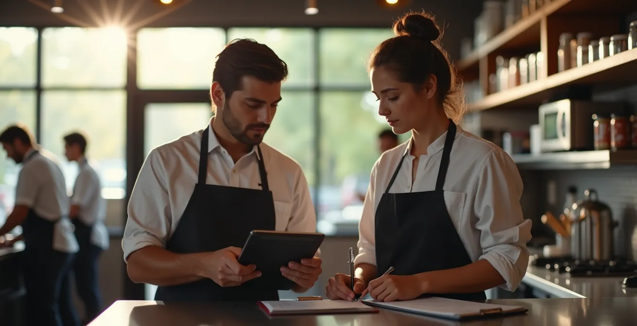 Restaurant teams exchanging information during shift change with digital tablets