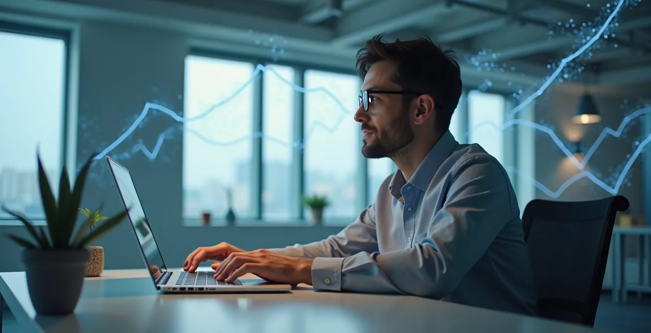 Business owner typing thoughtful response on laptop with abstract growth charts and network connections in background