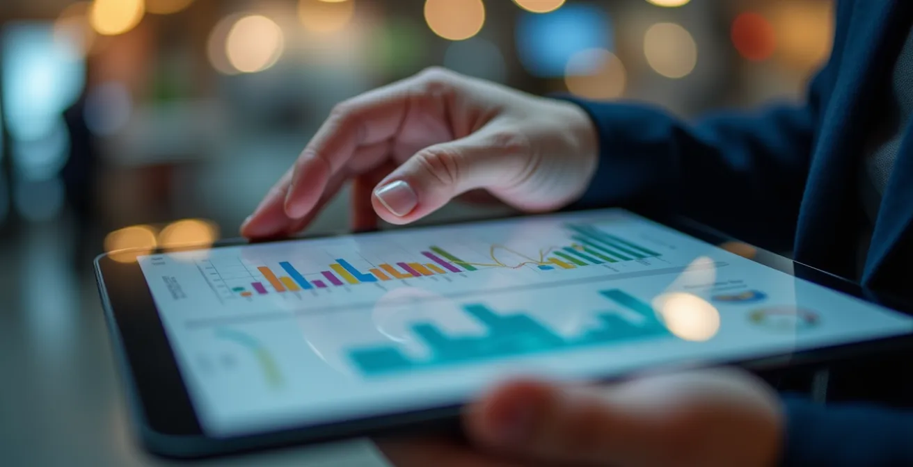 Manager analyzing productivity metrics on tablet in a retail environment