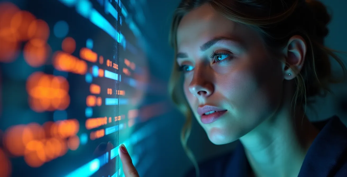 Professional reviewing sentiment data patterns on abstract visualization displays