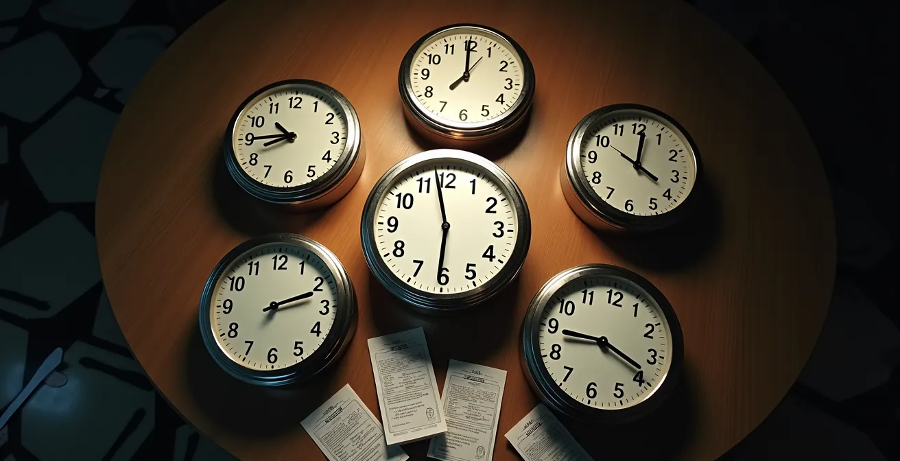 Clock faces showing inconsistent service times creating customer frustration