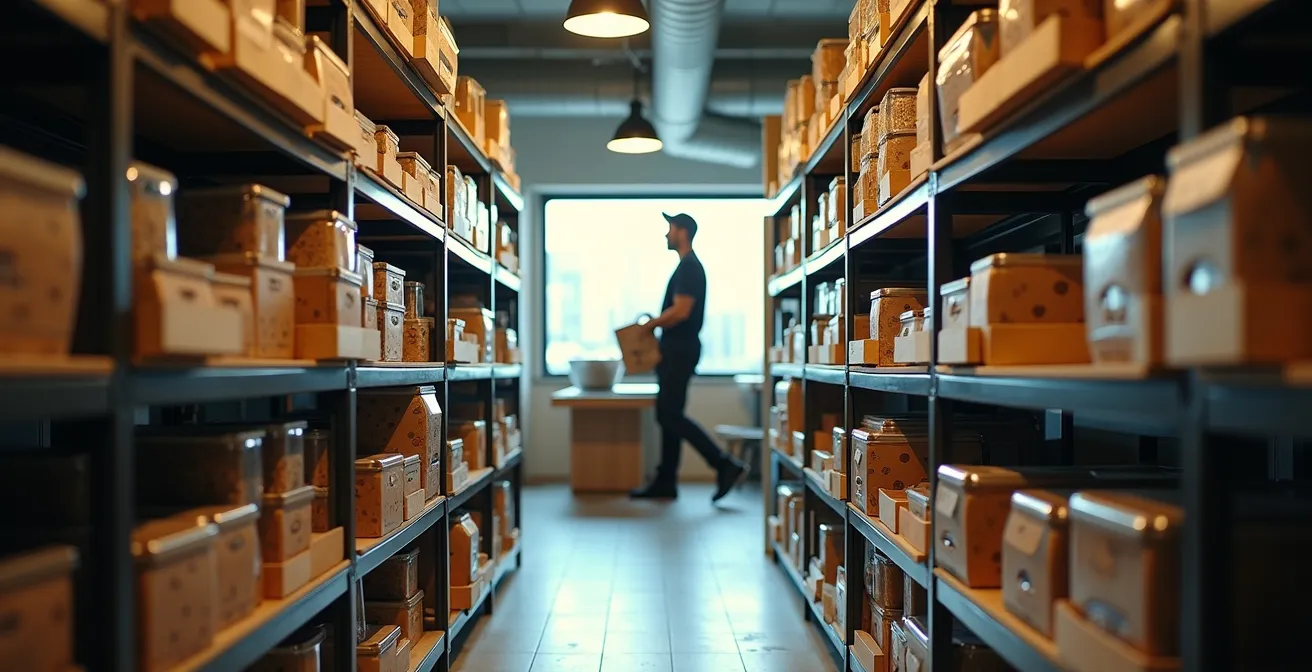 Wide angle view of compact restaurant storage area with organized shelving and delivery in progress