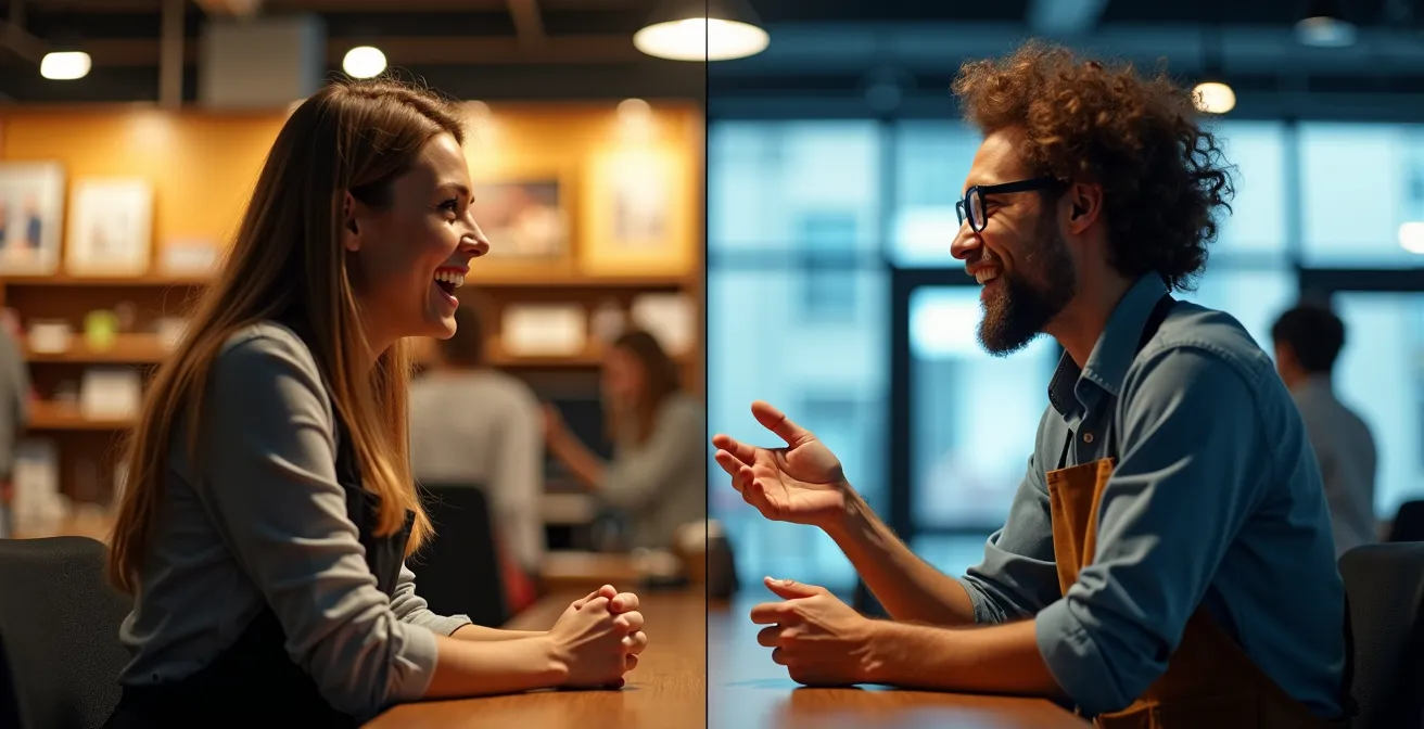 Retail employee demonstrating proper review request technique with happy customer in store environment