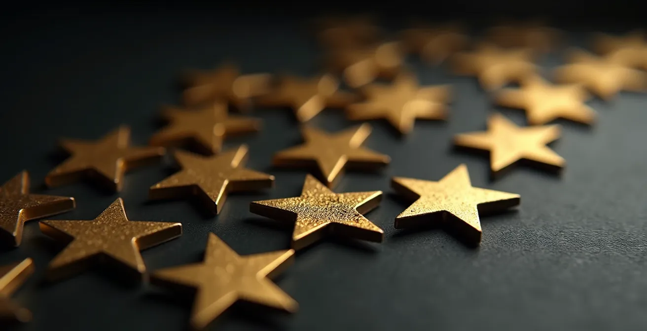 Macro shot of several gold star shapes with one tarnished star casting a long shadow, symbolizing the impact of a bad rating.