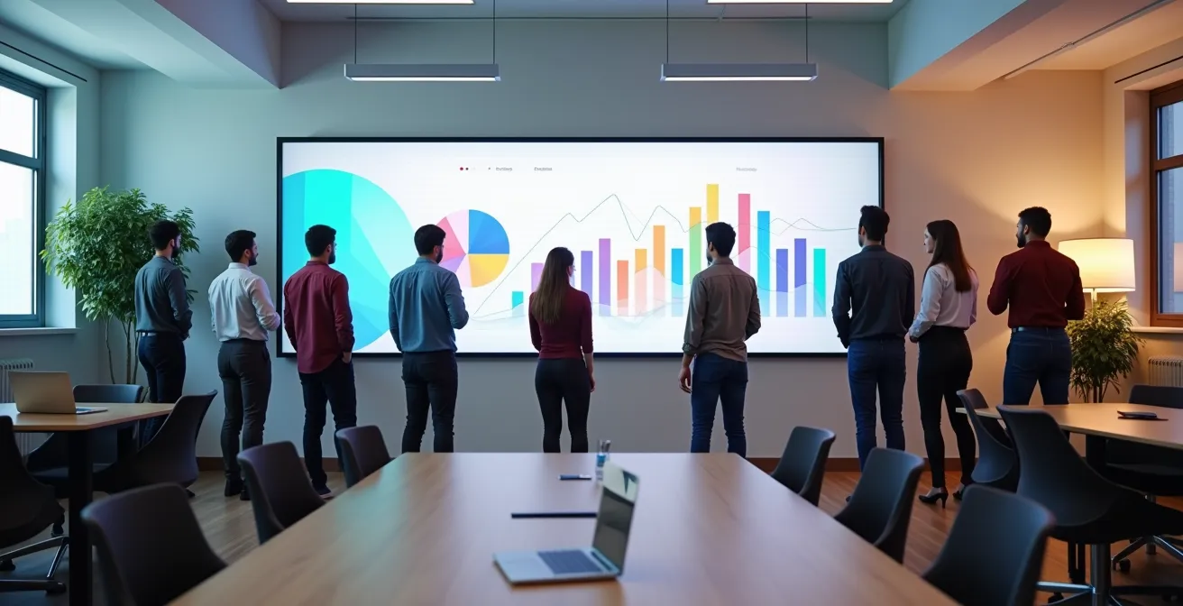 Team members viewing abstract performance metrics on a wall-mounted display in a modern office.