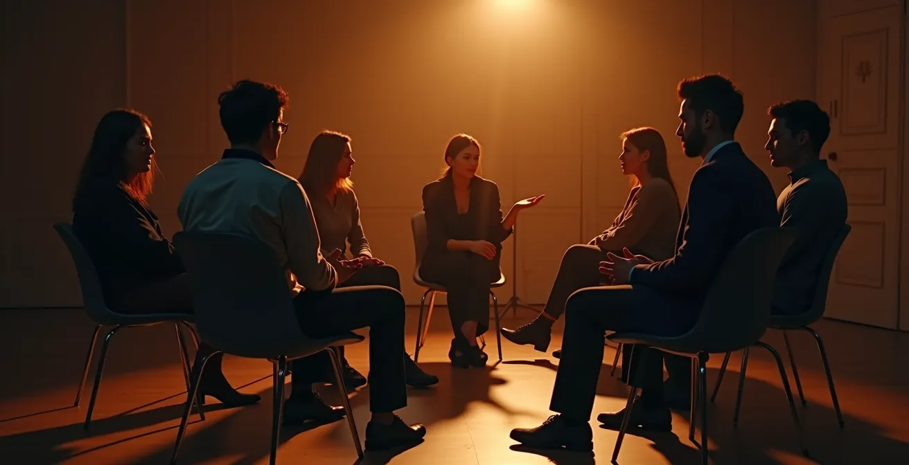 Intimate circle of business owners in warm lighting, genuine expressions of empathy and understanding during deep conversation