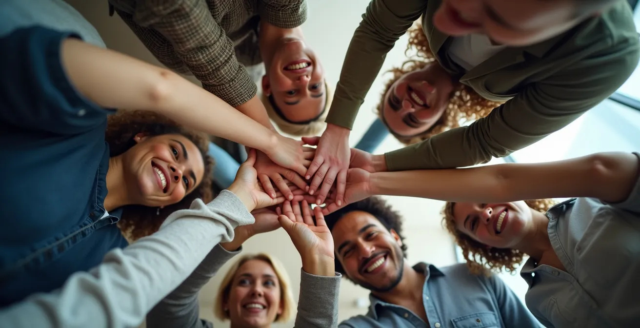 Diverse team members standing in a circle with hands joined in center, shot from below showing unity and inclusion